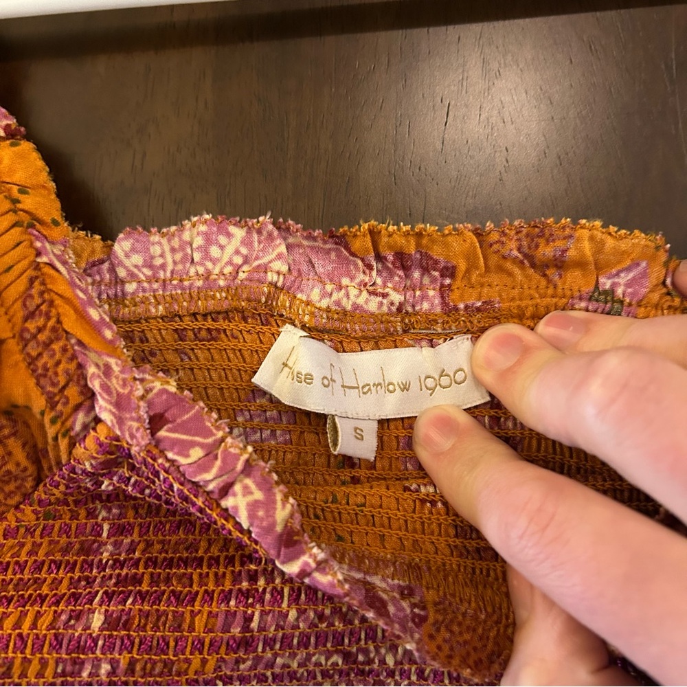 House of Harlow 1960 smocked off the shoulder boho orange pink print top Size S - Picture 6 of 13